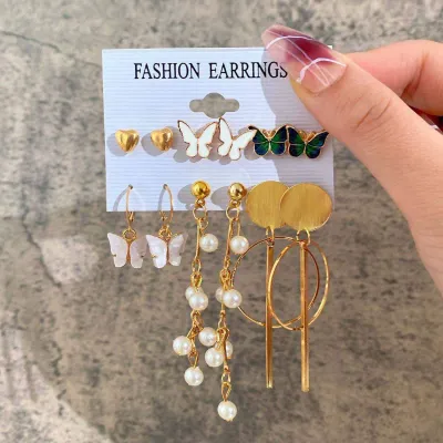 6 pairs Green White Butterfly Drop Earrings Set